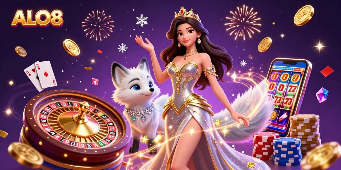 Play exciting games at ALO8 with vibrant graphics of coins, cards, and a slot machine.