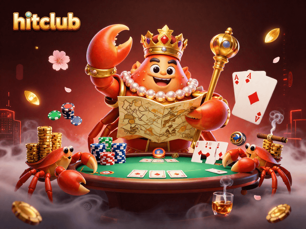 Engage with hitclub's vibrant poker scene featuring a golden crab emperor and poker elements.