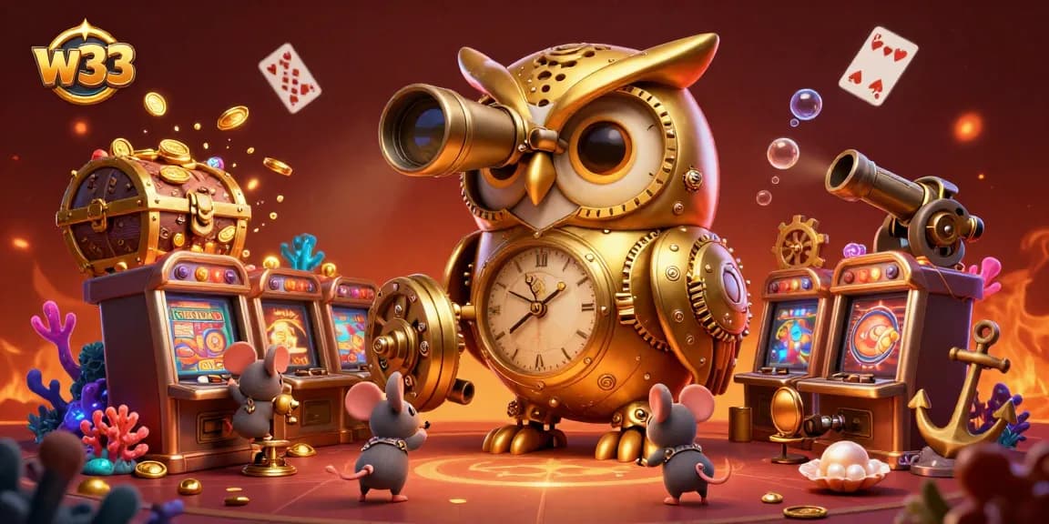 w33 offers a magical casino scene featuring a cartoon owl and charming mice among vibrant games.