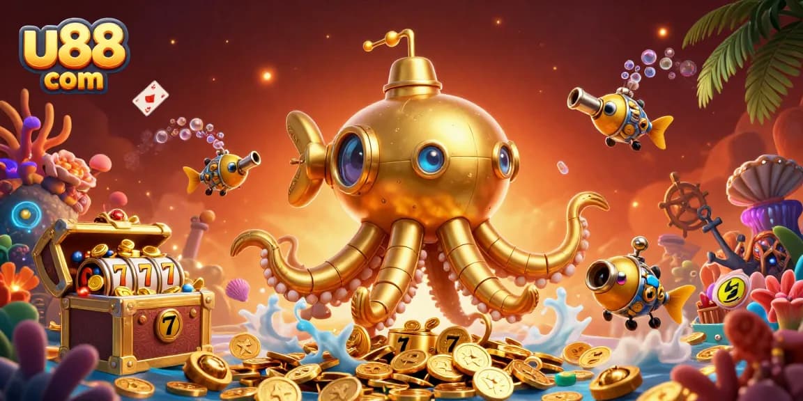Experience thrilling wins at u88 com, where playful mechanical fish and a golden kraken submarine explore vibrant underwater treasures.