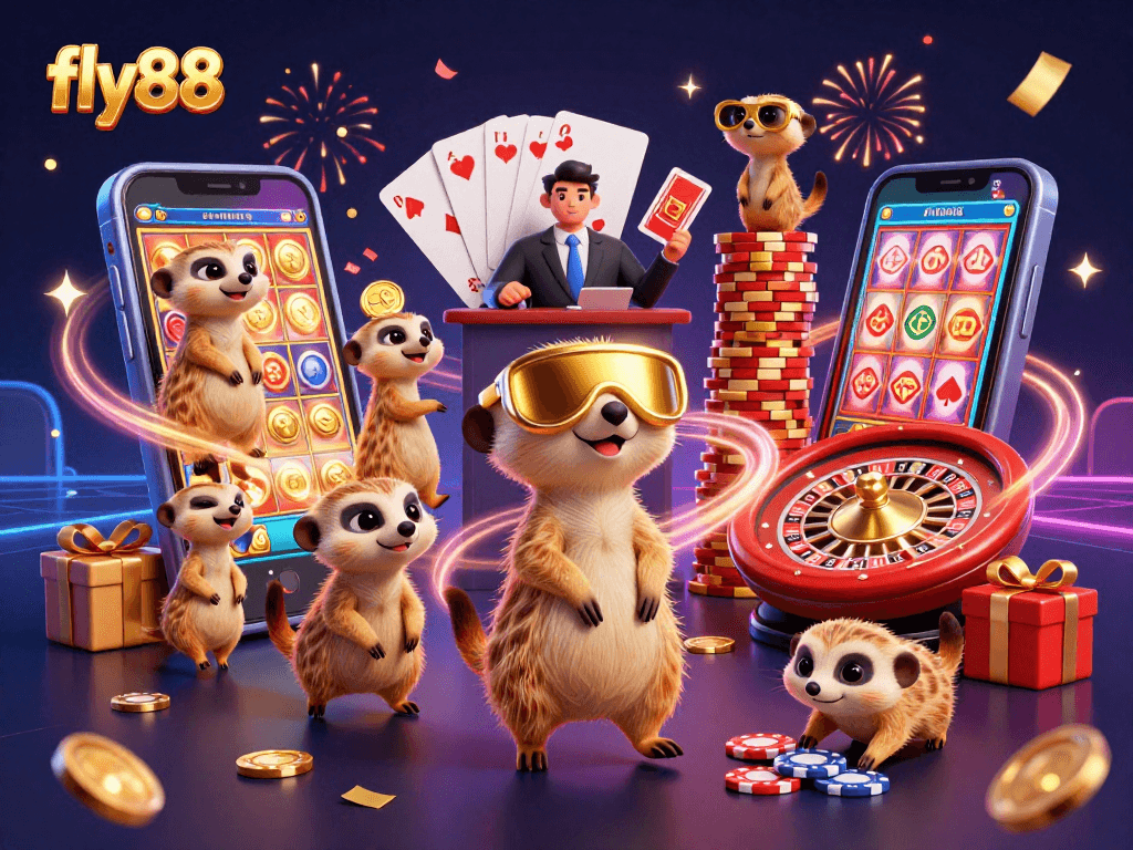 Experience excitement at fly88 with meerkats operating a colorful casino filled with games and wins.