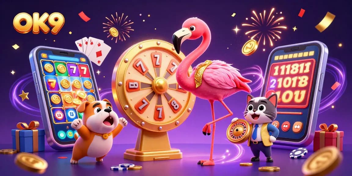 Spin the OK9 prize wheel with an excited bulldog and a scoreboard cat assistant in a vibrant casino scene