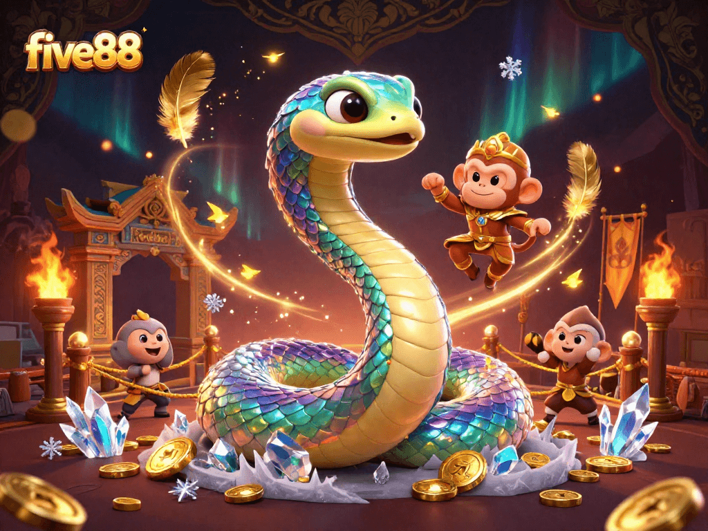 Experience the thrilling adventure of five88 with vibrant characters and dynamic gambling elements in this 3D illustration.