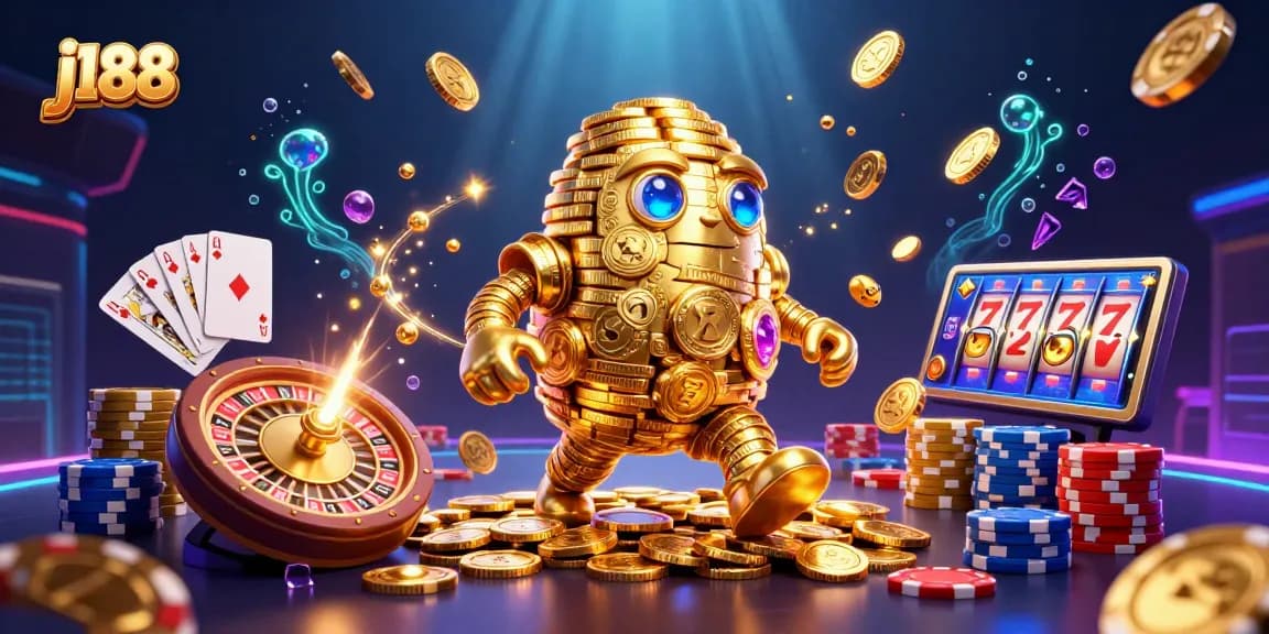 Spin into the action with j188's golden golem and casino games in a vibrant 3D scene.