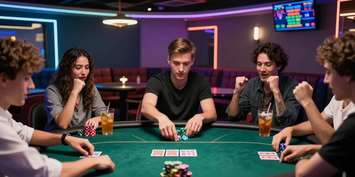 Exciting scene of players engaging in poker while enjoying their gaming experience, emphasizing Login Domino88 within a vibrant gaming lounge.