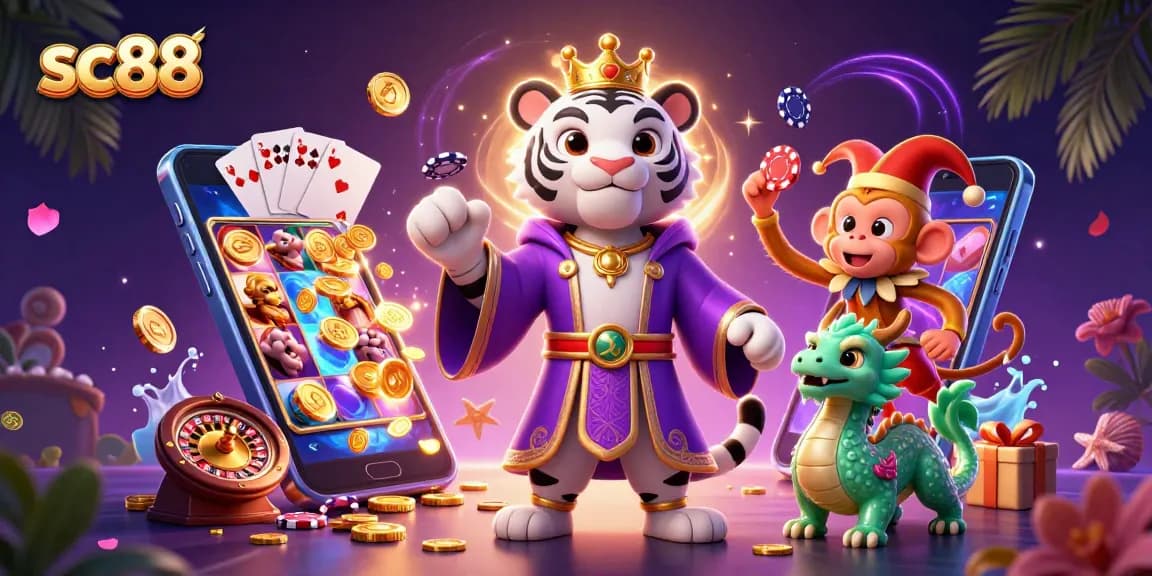 Experience exciting gameplay at sc88 with a vibrant illustration of a tiger, monkey, and dragon in a casino scene.