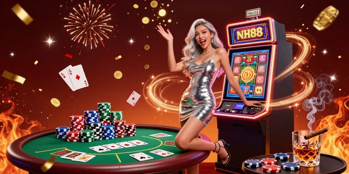 Experience the excitement of NH88 with vibrant slots and a celebratory atmosphere featuring an enchanting Asian woman.