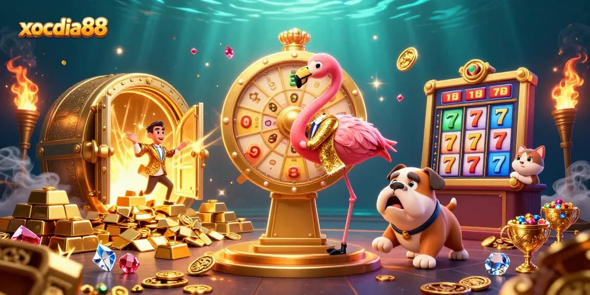 Spin to win at xocdia88 as a flamingo host and bulldog contestant reveal golden prizes!
