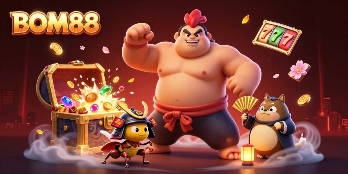 BOM88 engages players with vibrant cartoon characters and jackpot elements in a dynamic casino scene.