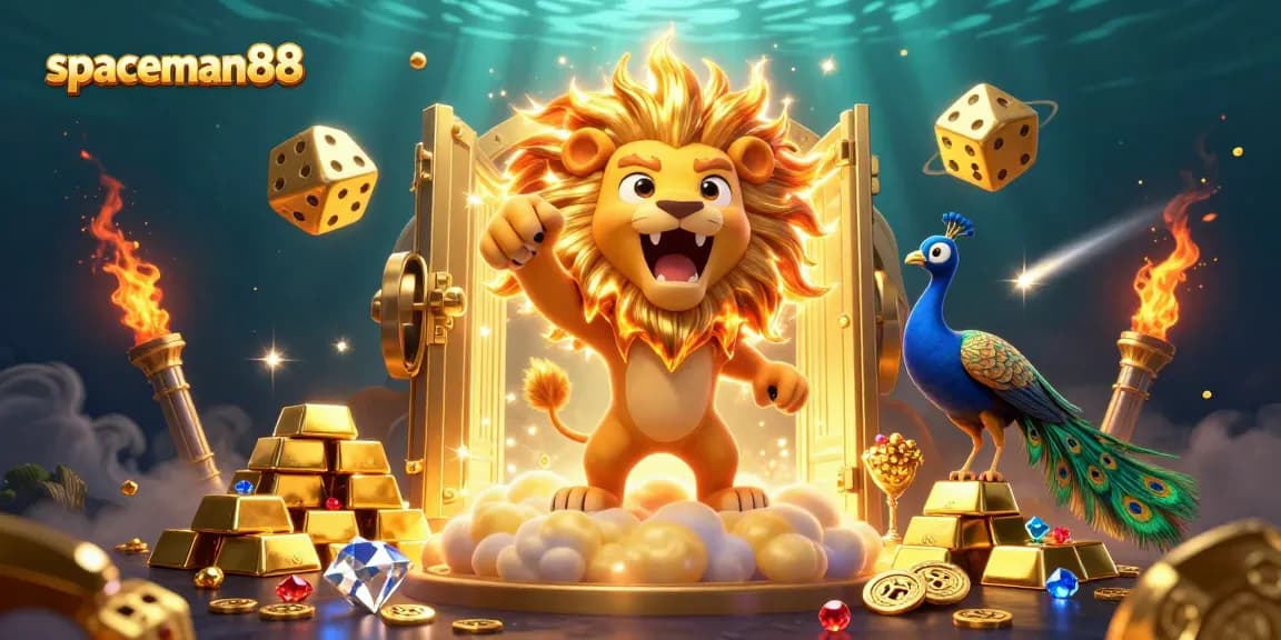 Experience the thrill of spaceman88 with this vibrant 3D scene filled with golden treasures and animated casino elements.