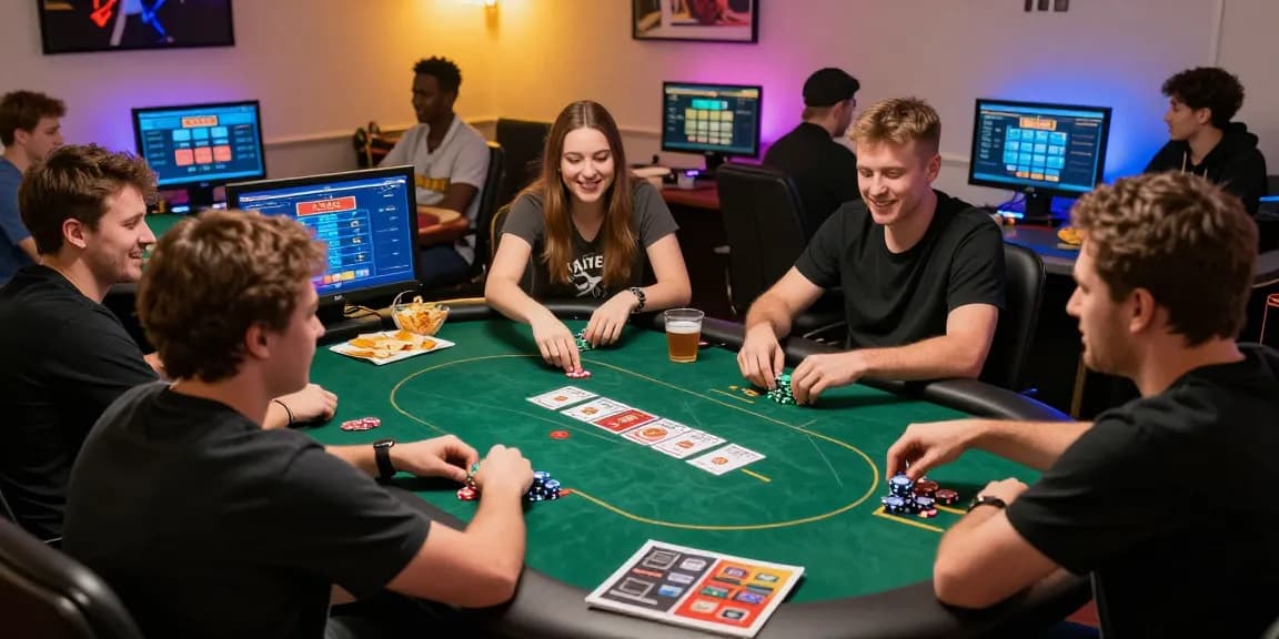 Dewapoker players enjoying a virtual poker game in a lively setting.