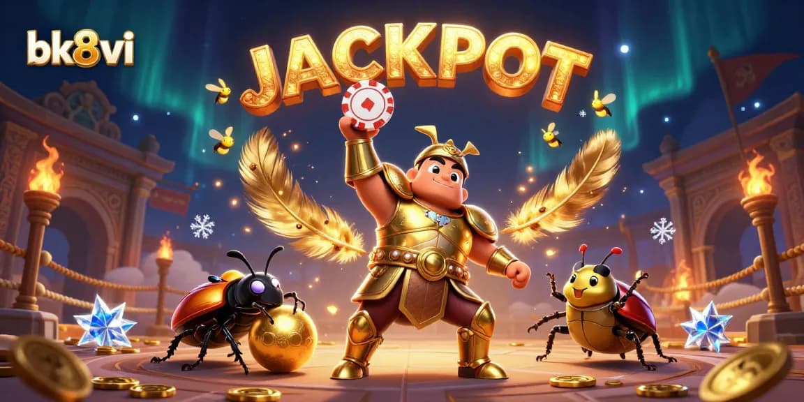 Experience the excitement of bk8vi with a 3D gladiator beetle celebrating a jackpot in a vibrant casino scene.