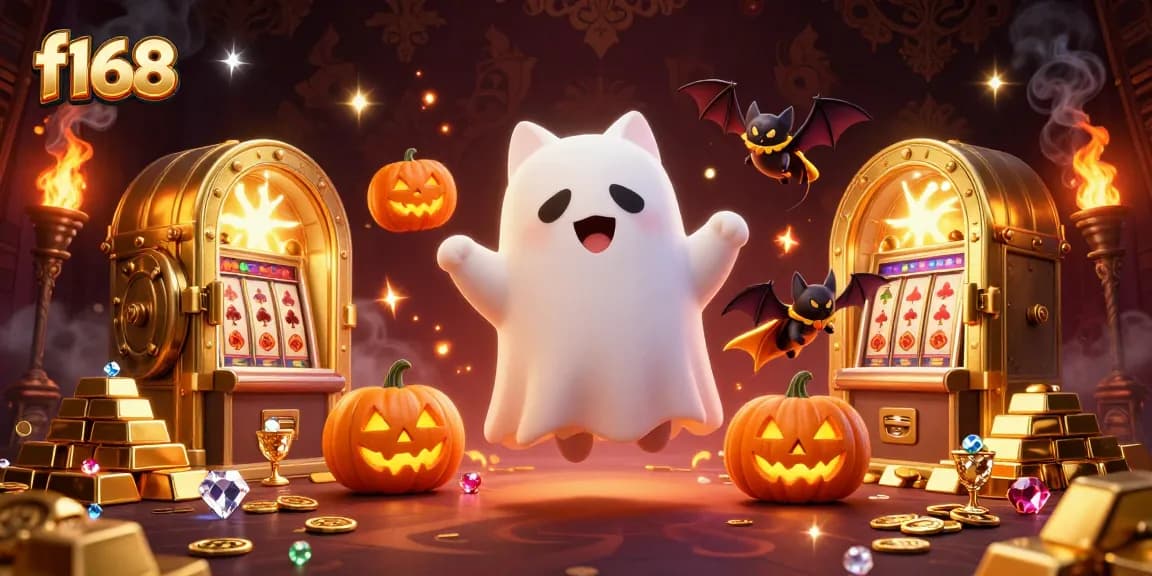 Experience thrilling f168 adventures with a ghost cat and vampire bat in a haunted casino scene.