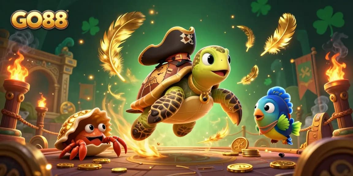 Experience GO88's gaming adventure with a pirate turtle, crab, and parrotfish amidst swirling golden treasures.