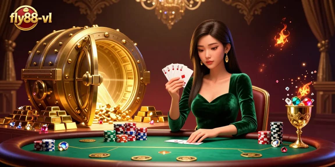Experience the thrill of winning at fly88-vl with an elegant poker scene filled with treasures.