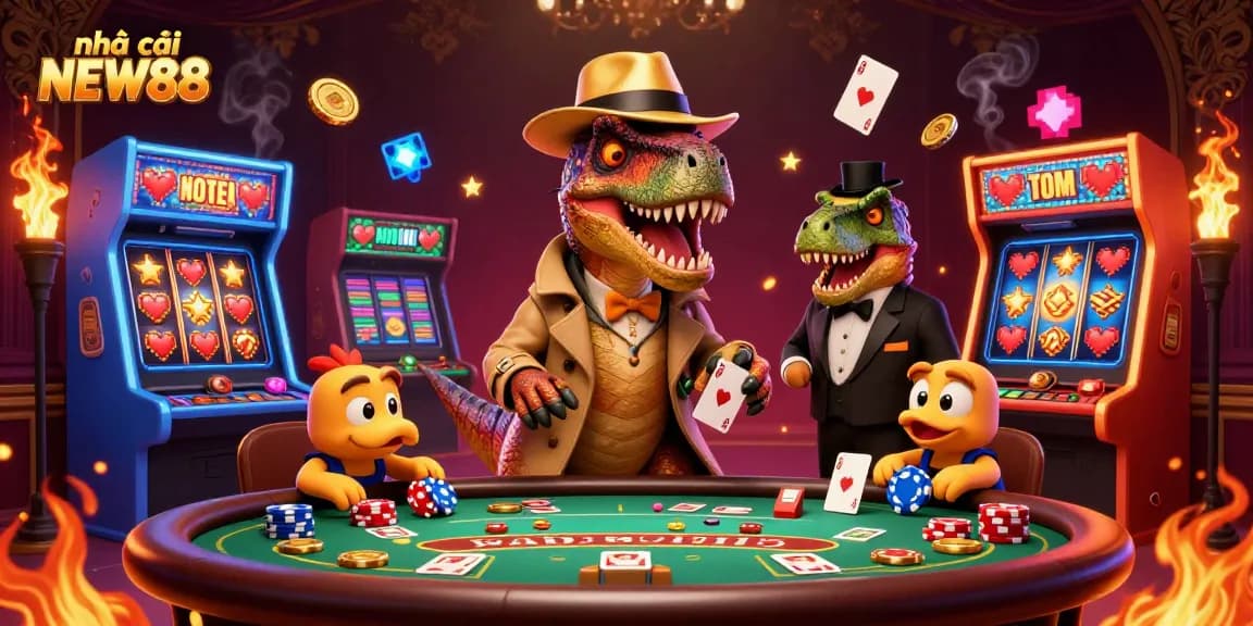 Experience thrilling gameplay at nhà cái NEW88 with our vibrant casino scene featuring cartoon dinosaurs.
