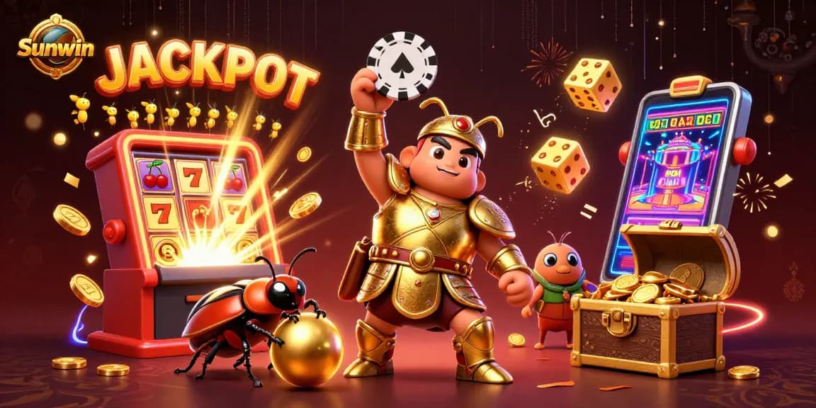 Sunwin showcases an epic gambling scene with a victorious beetle and golden treasures.