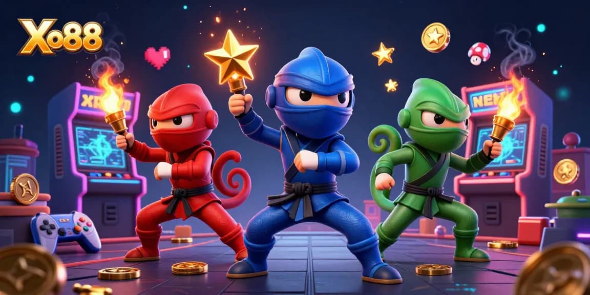 Xo88 showcases a dynamic gambling scene with 3D chameleon ninjas amidst arcade elements, symbolizing thrilling casino experiences.