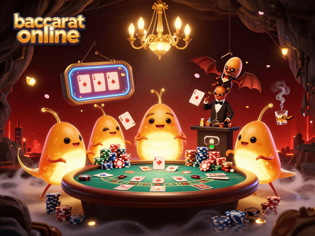 Engage in baccarat online gameplay with glowworms illuminating a vibrant casino scene.
