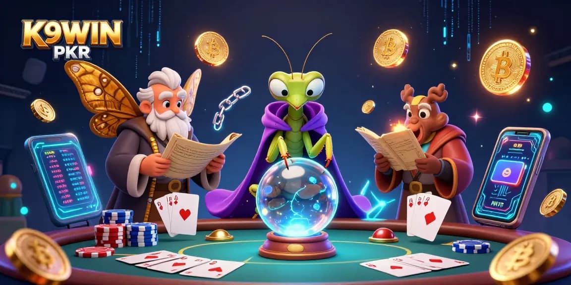 K9WIN PKR players winning big with classic poker elements and vibrant 3D graphics amidst floating coins