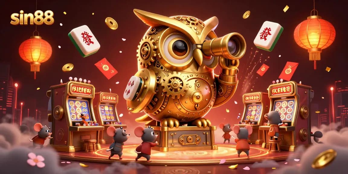 Experience the vibrant scene of sin88 with a golden owl and whimsical mice celebrating casino fun.