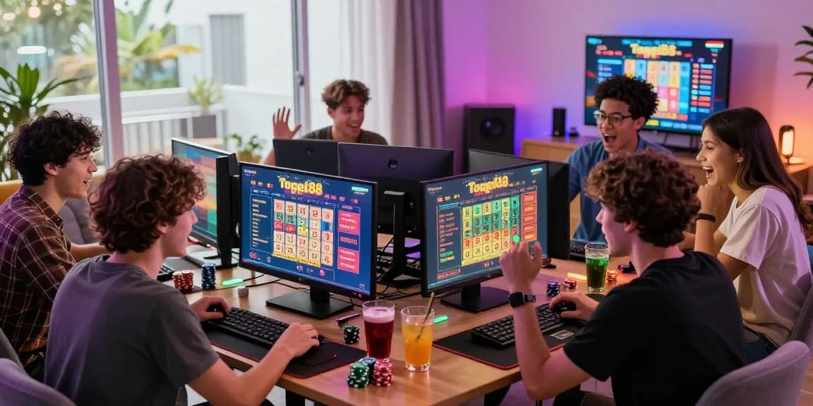 Exciting group gaming session with Togel88 Link Alternatif on screens and colorful ambiance.