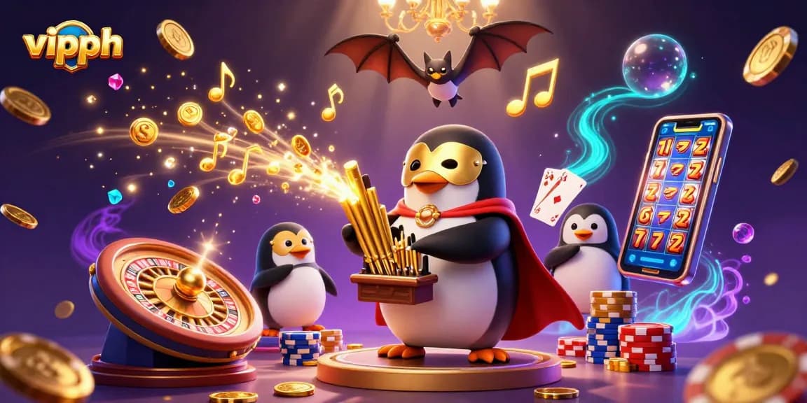 vipph offers an exciting casino experience with a 3D phantom opera penguin playing organ, coins cascading.