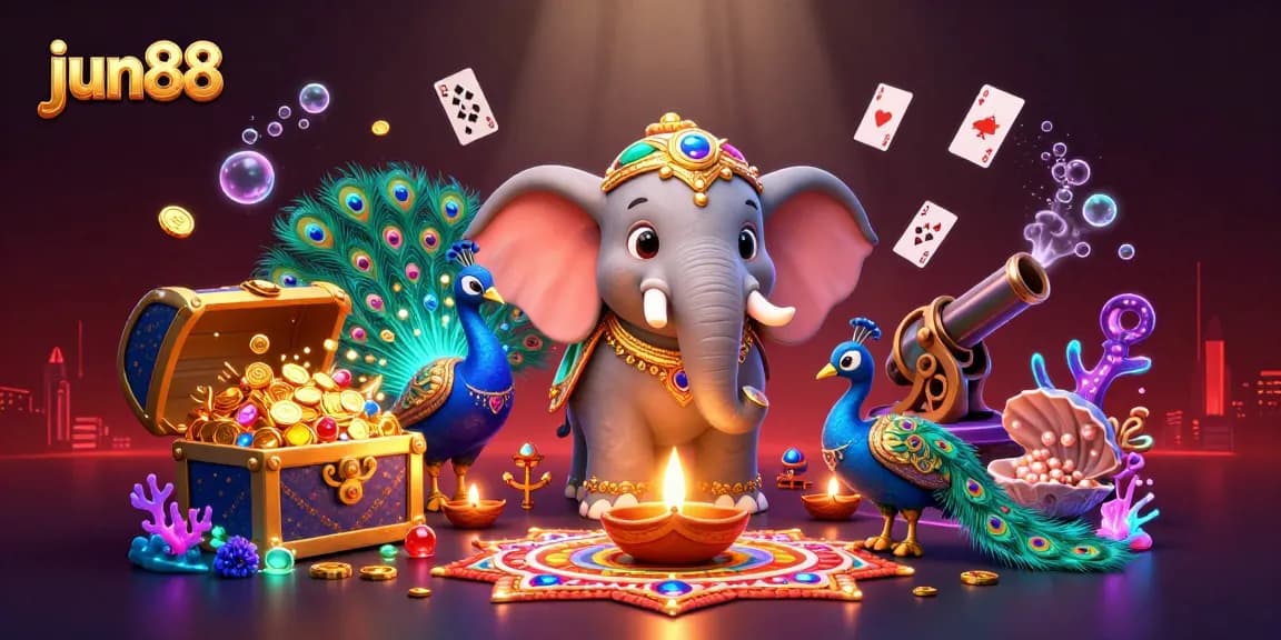 Experience the excitement of jun88 with a vibrant 3D casino scene featuring an elephant and peacock.
