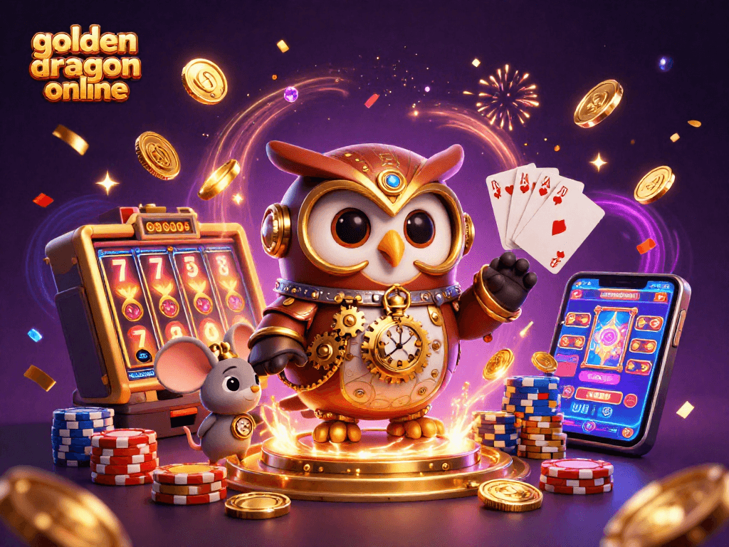 Cascade golden coins and gems around golden dragon online themes in an exciting casino scene.