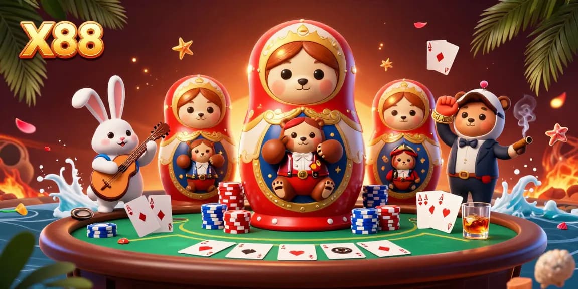 Experience high-stakes gaming with X88's vibrant casino bear illustration featuring poker elements.