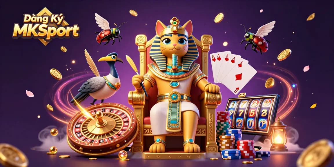 Engage in thrilling gameplay with Đăng Ký MKSport, featuring 3D Egyptian pharaoh with golden coins and casino elements.
