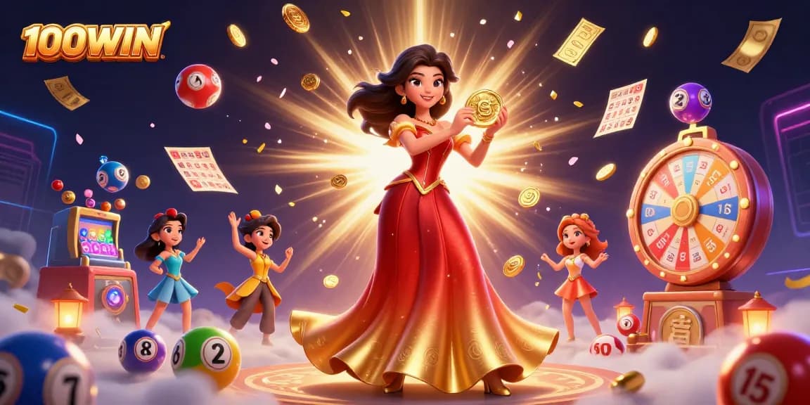 100WIN showcases an elegant Asian character in a glamorous gown, immersed in a lively lottery scene.