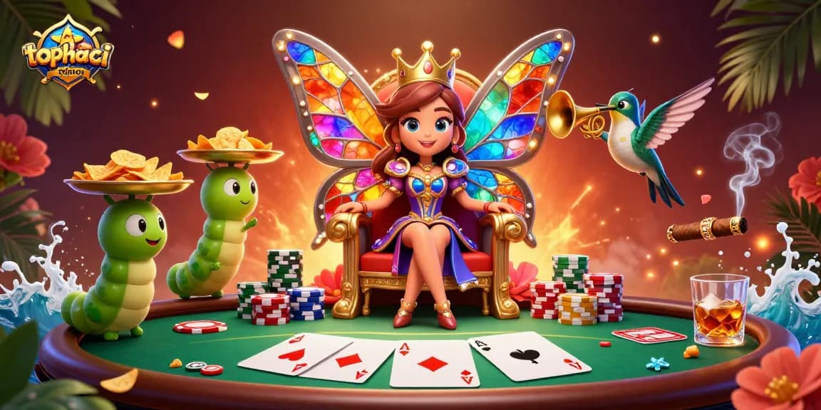 Experience topnhacaimoi through an enchanting casino scene with a butterfly queen and vibrant poker elements.