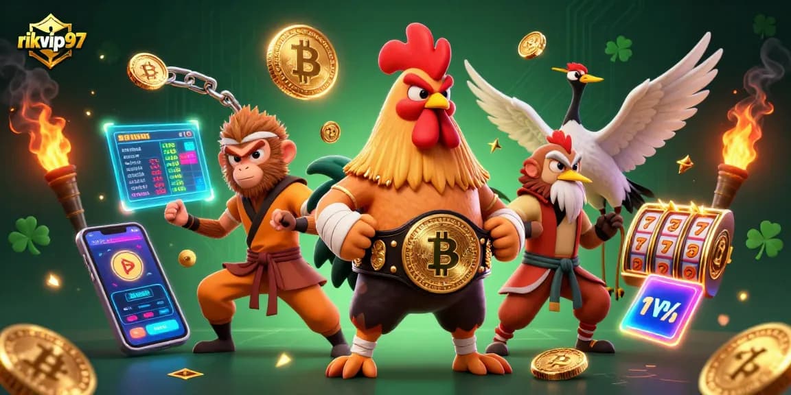 Engage with rikvip97's vibrant casino atmosphere featuring crypto elements and martial arts characters.