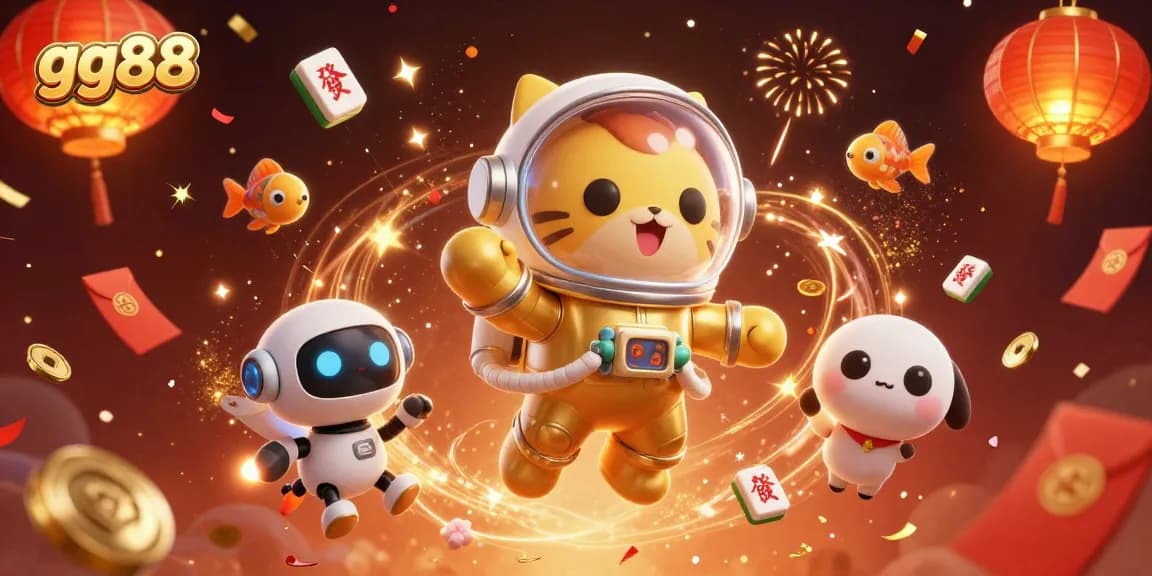Experience thrilling moments with gg88 as a golden astronaut cat and robot dog play among festive casino elements.