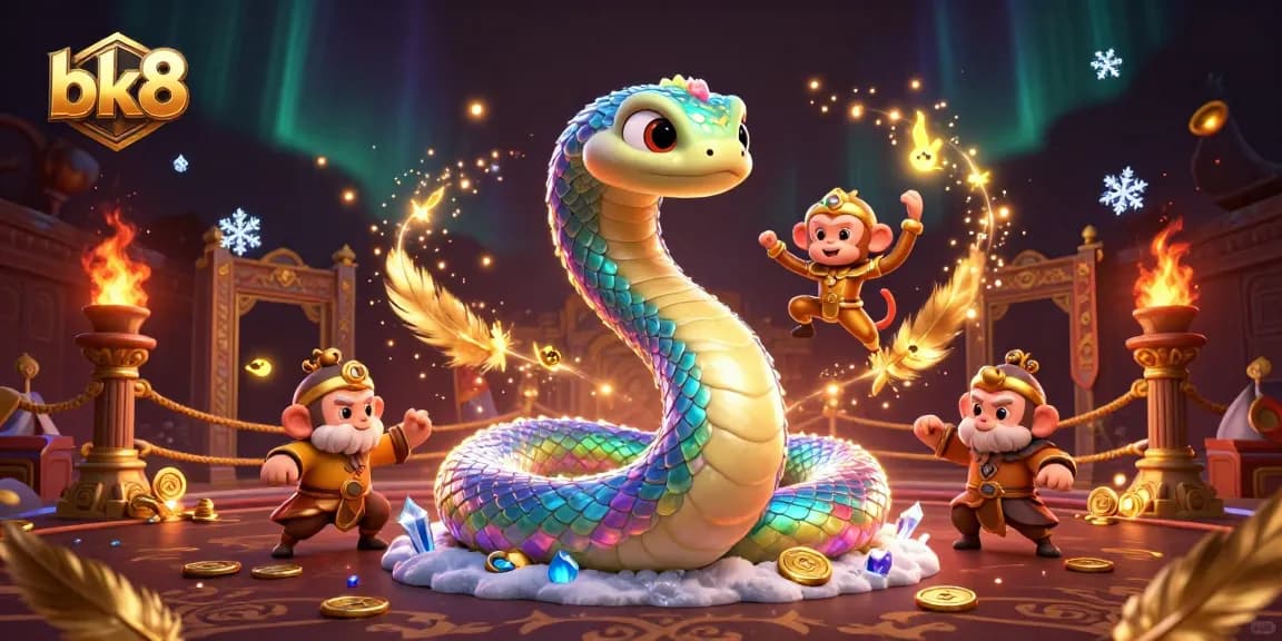 Engage in the dynamic atmosphere of bk8, featuring a colorful serpent and golden monkey king amidst golden coins and magical light trails.