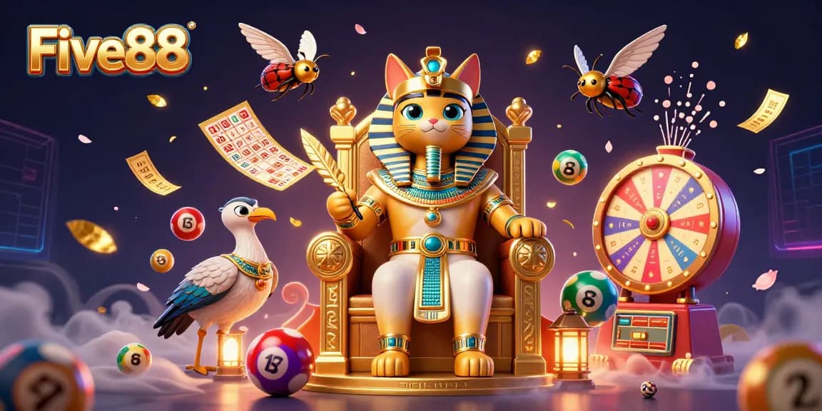 Engage with Five88’s vibrant 3D casino scene featuring an Egyptian pharaoh cat among dynamic gaming elements.