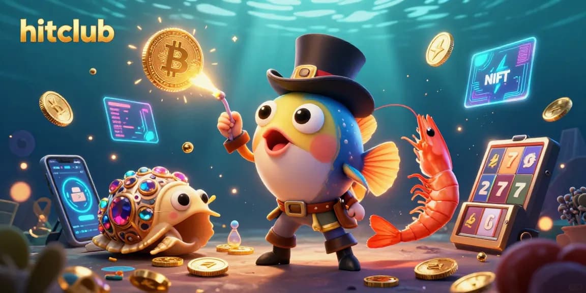 hitclub engages players with vibrant casino-themed illustration featuring treasure and crypto elements