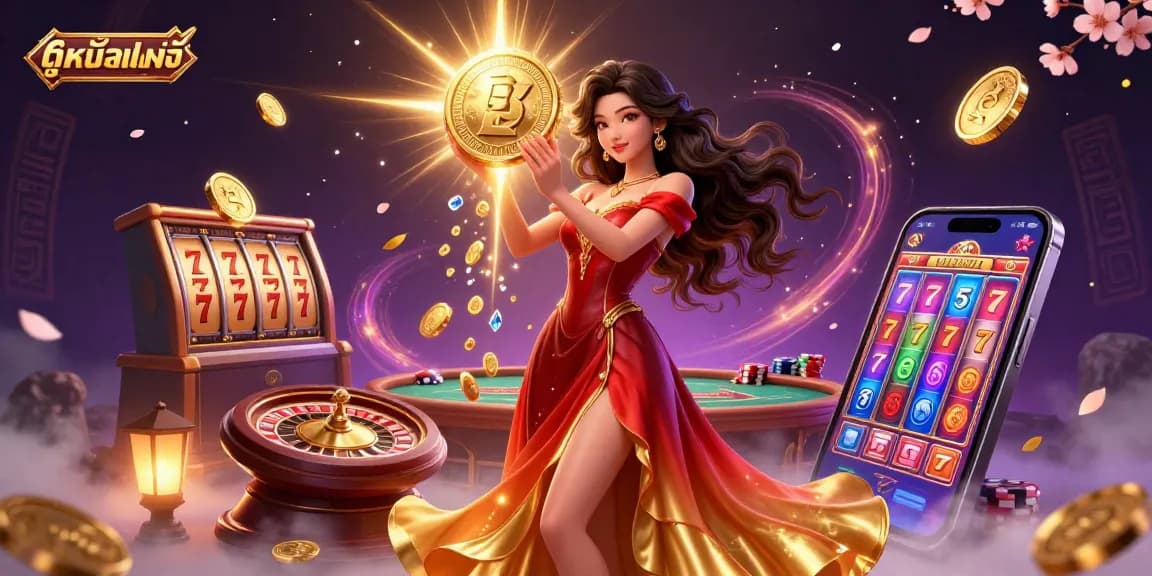 Engage with ดูหนังออนไลน์ showcasing a stunning Asian woman holding a golden coin amidst a cascade of casino elements, appealing to gamblers.