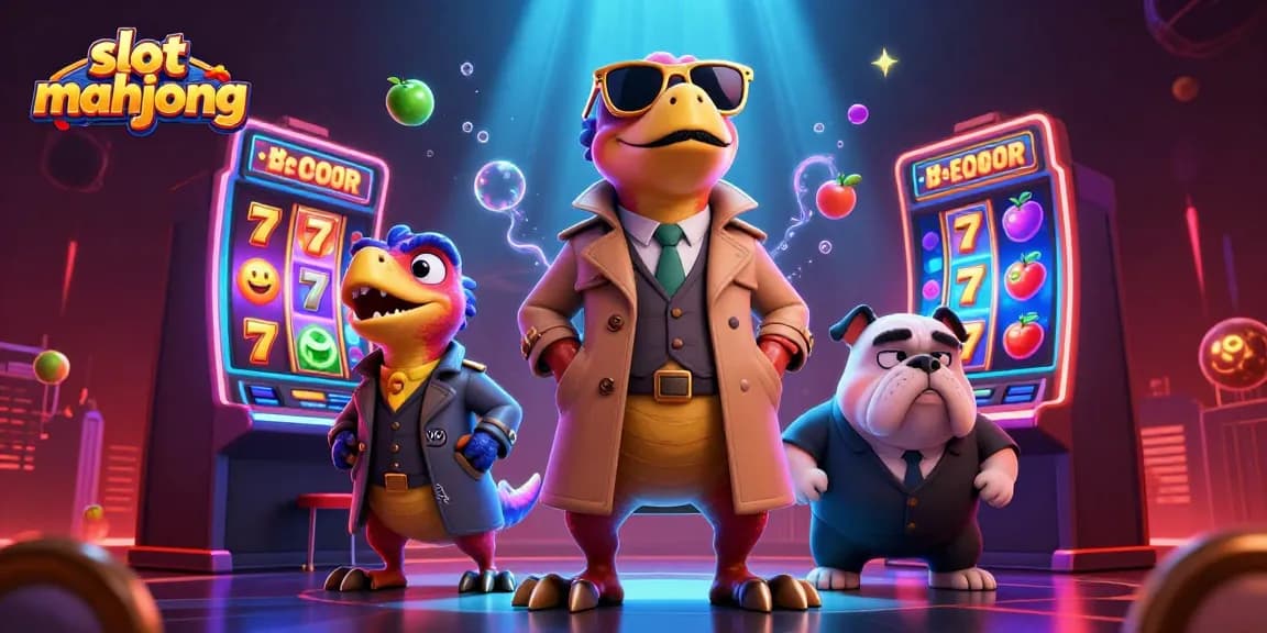 Engage with slot mahjong as animated raptors navigate a casino, surrounded by vibrant slot elements.