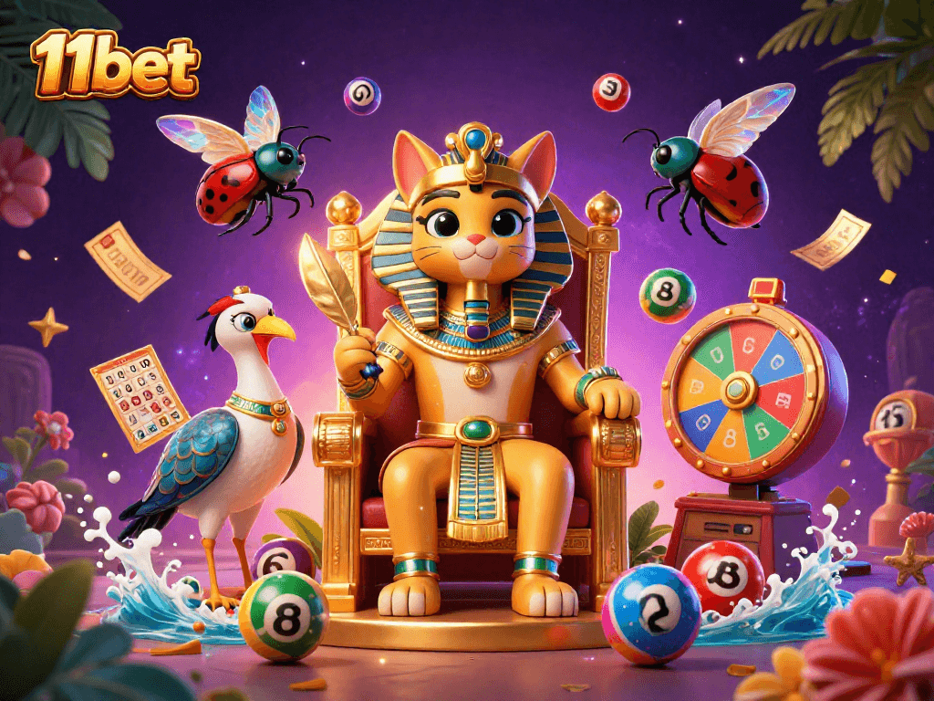 11bet showcases vibrant lottery action, with a dynamic scene featuring an Egyptian pharaoh cat and colorful game elements.