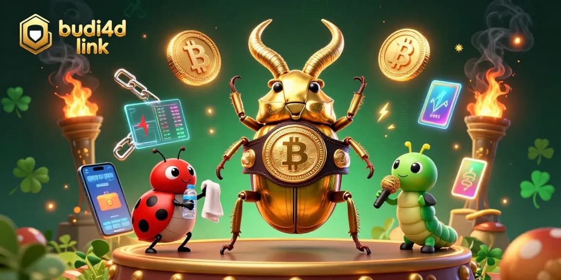 Engage with the budi4d link in a vibrant 3D illustration featuring a golden stag beetle champion.