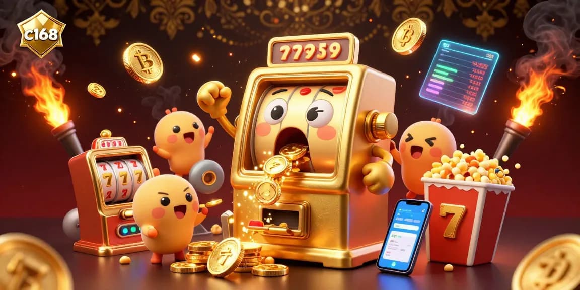 Watch c168's golden slot machine celebrate a jackpot, surrounded by cheering slots and crypto coins.