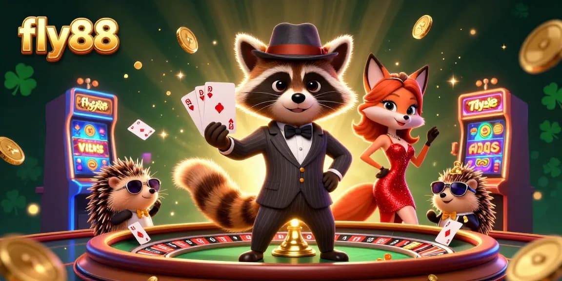 Experience thrills with fly88's live casino as charming characters play high-stakes games in a vibrant scene.