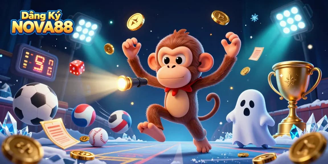 Engage in Đăng Ký NOVA88 with the poltergeist monkey and ghost-hunter puppy in a dynamic casino scene.