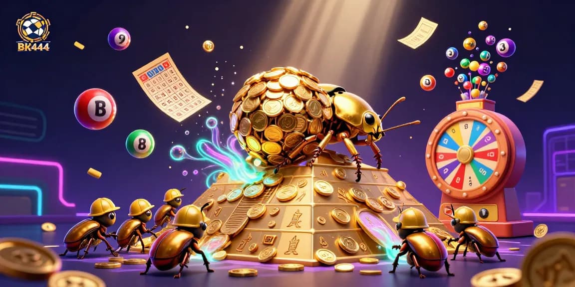 Experience BK444's vibrant gaming scene with a golden beetle and lottery excitement.