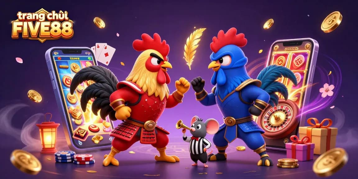 Engage with the thrill of trang chủ FIVE88 featuring an exciting cartoon rooster duel amidst dynamic gaming elements.