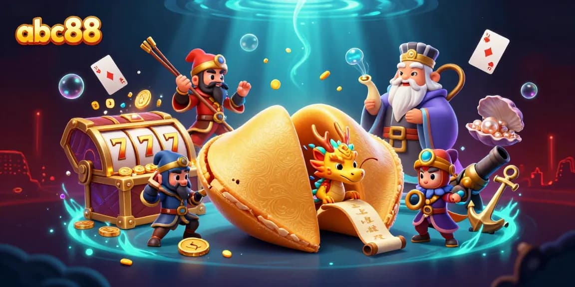 Spin and win at abc88 with the vibrant 3D casino-themed illustration of a golden fortune and game treasures.