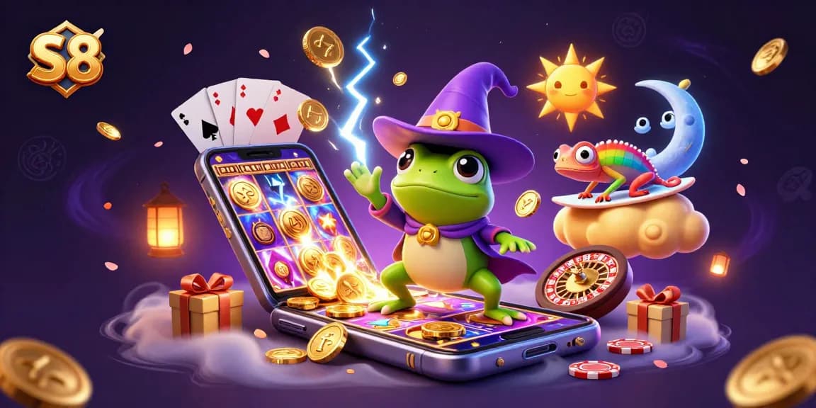 S8 wizard frog creating a golden coin storm with gaming elements for online betting excitement.