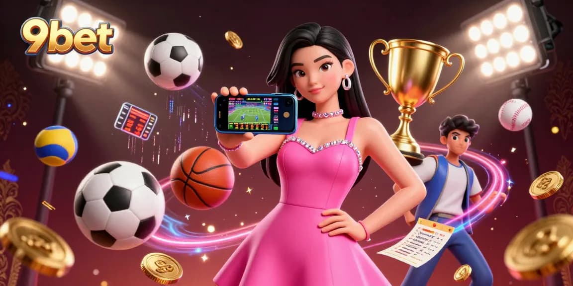 Experience exciting sports betting at 9bet with an Asian woman showcasing live games on her smartphone.